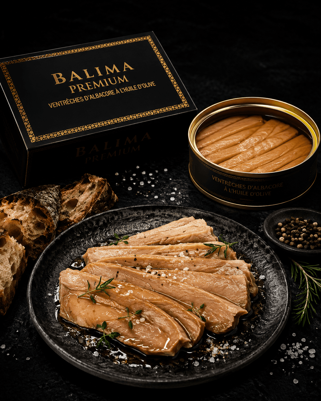 Coffret Balima Premium et boîte ouverte laissant voir les tranches de ventrèche, devant une assiette de filets au thym et à la fleur de sel, avec du pain de campagne